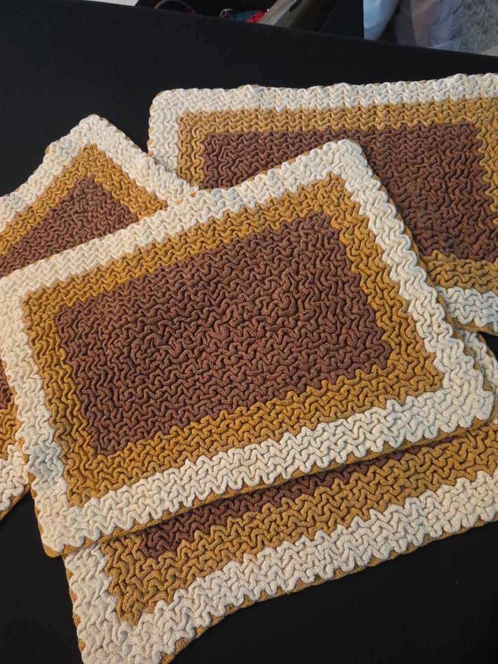 Crocheted Table Placemats in Brown, Mustard & Cream - Set of 4 - Picture 2 of 2